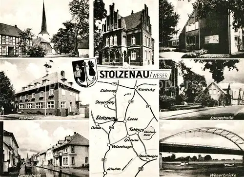 AK / Ansichtskarte Stolzenau Weser Kirche Postamt Volksschule Weserbruecke Langestrasse Kat. Stolzenau