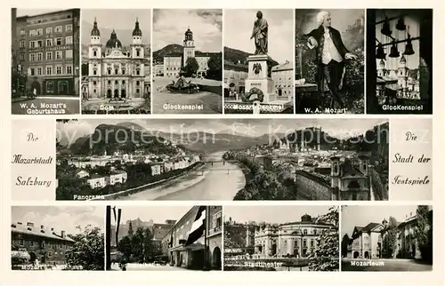 AK / Ansichtskarte Salzburg Oesterreich Mozart Geburtshaus Dom Glockenspiel Denkmal Mozarts Panorama Stadttheater Mozartturm Kat. Salzburg