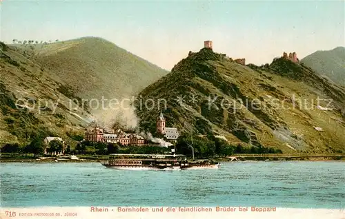 AK / Ansichtskarte Bornhofen Kamp Blick ueber den Rhein zu den feindlichen Bruedern Burgen Rheindampfer Kat. Kamp Bornhofen