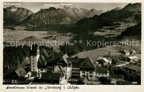 AK / Ansichtskarte Oberstdorf Ortsansicht mit Kirche Sanatorium Wasach Allgaeuer Alpen Fliegeraufnahme Kat. Oberstdorf