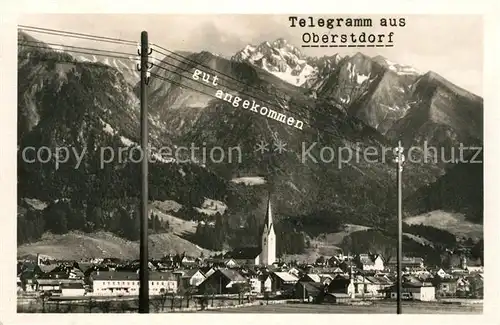 AK / Ansichtskarte Oberstdorf Telegramm "gut angekommen" Ortsansicht mit Kirche Allgaeuer Alpen Kat. Oberstdorf
