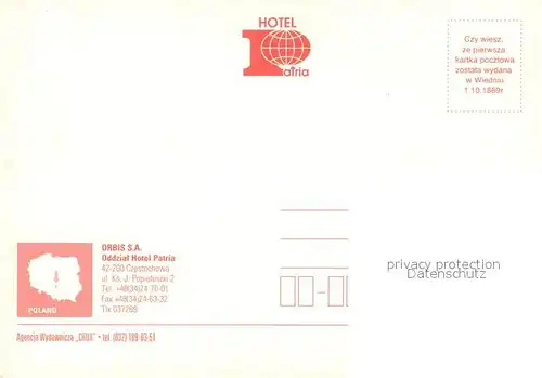 AK / Ansichtskarte Czestochowa Schlesien Hotel Patria Speisesaal Zimmer Kat. Tschenstochau