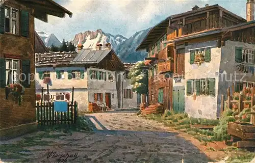 Oberstdorf Dorfmotiv mit Blick auf den Kratzer Marschall Kuenstlerkarte Kat. Oberstdorf