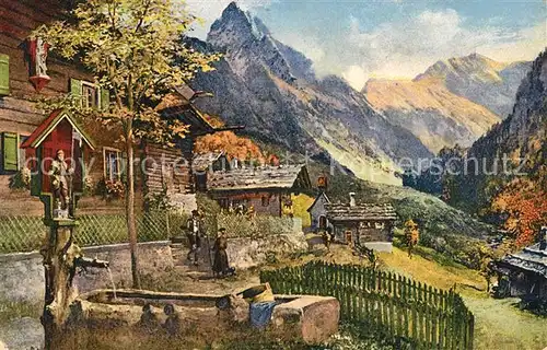 Gerstruben Dorfmotiv mit Brunnen Allgaeuer Alpen Kuenstlerkarte Kat. Oberstdorf