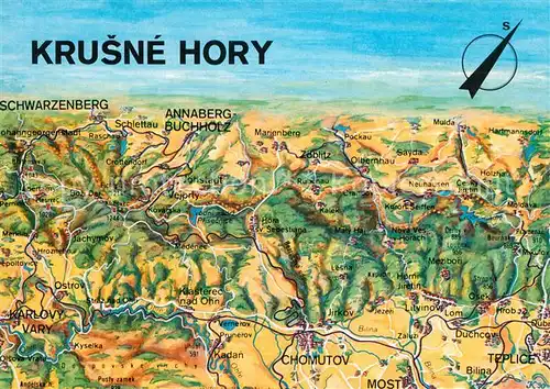 AK / Ansichtskarte Krusne Hory Gebietskarte mit Schwarzenberg und Annaberg Buchholz Kat. Tschechische Republik