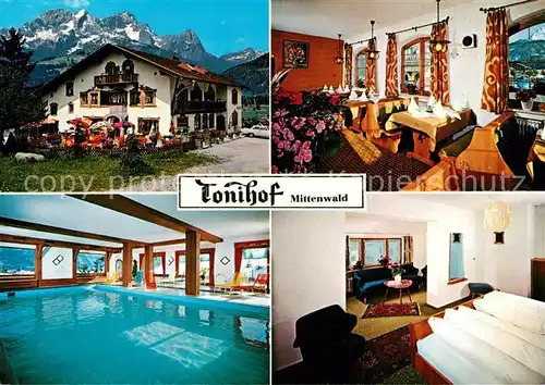 AK / Ansichtskarte Mittenwald Bayern Hotel Tonihof Gastraum Zimmer Hallenbad Kat. Mittenwald