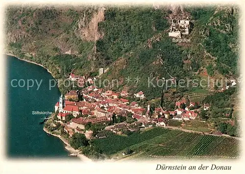 AK / Ansichtskarte Duernstein Wachau Fliegeraufnahme mit Stiftskirche und Burgruine Kat. Duernstein