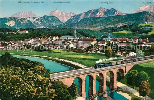 AK / Ansichtskarte Traunstein Oberbayern Gesamtansicht mit Alpenpanorama Eisenbahnbruecke Kat. Traunstein