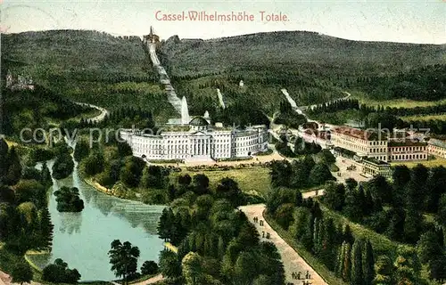 Wilhelmshoehe Kassel Panorama mit Schloss und Herkules Pyramide Litho Kat. Kassel