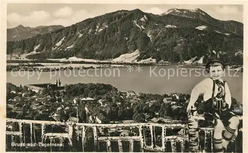 Tegernsee Panorama Bayerische Alpen Junge in Trachten Kat. Tegernsee