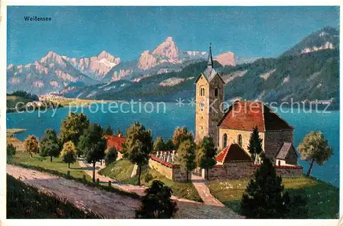 Weissensee Fuessen Kirche See Alpenpanorama Kuenstlerkarte Kat. Fuessen