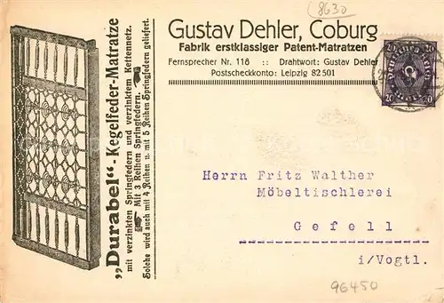 Coburg Gustav Dehler Durabel Kegelfedermatraze Korrespondenz Kat. Coburg