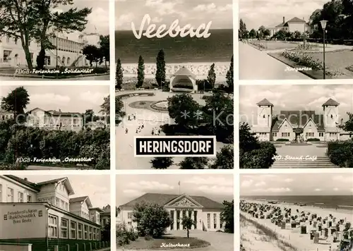 AK / Ansichtskarte Heringsdorf Ostseebad Usedom FDGB Ferienheime Solidaritaet Ostseeblick Kulturhaus HO Strand Cafe Kat. Heringsdorf