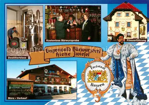AK / Ansichtskarte Zwiesel Niederbayern Bayerwald Baerwurzerei Destillierblase Buero Verkauf Baerwurzprobe Filmvorfuehrung Kat. Zwiesel