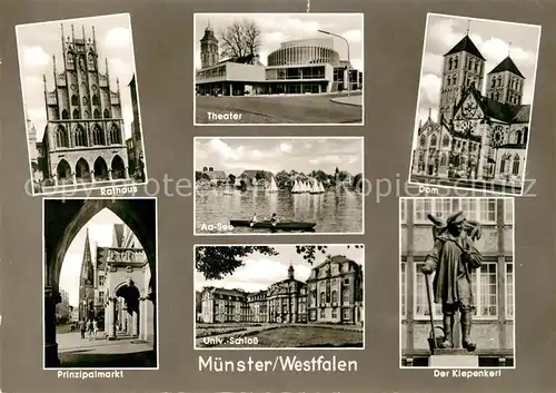 AK / Ansichtskarte Muenster Westfalen Rathaus Theater Dom Prinzipalmarkt Universitaet Schloss Kiepenkerl Kat. Muenster
