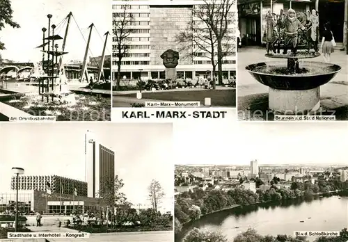 AK / Ansichtskarte Karl Marx Stadt Omnibusbahnhof Karl Marx Monument Brunnen Stadthalle Interhotel Kat. Chemnitz