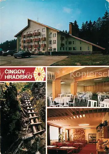 AK / Ansichtskarte Cingov Hradisko Hotel Gastr
Hotel Gastraeume Holztreppe im Wald