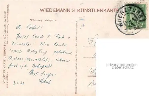 AK / Ansichtskarte Verlag WIRO Wiedemann Nr. 2934 C Wuerzburg Mainpartie  Kat. Verlage
