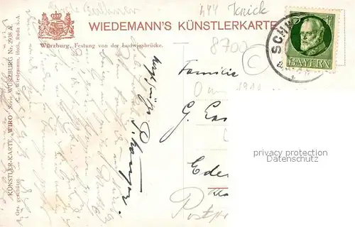 AK / Ansichtskarte Verlag WIRO Wiedemann Nr. 2938 A Wuerzburg Festunf von der Ludwigsbruecke  Kat. Verlage