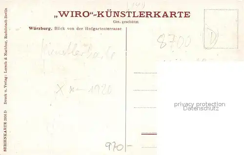 AK / Ansichtskarte Verlag WIRO Wiedemann Nr. 2936 D Wuerzburg Blick von der Hofgartenterrasse  Kat. Verlage