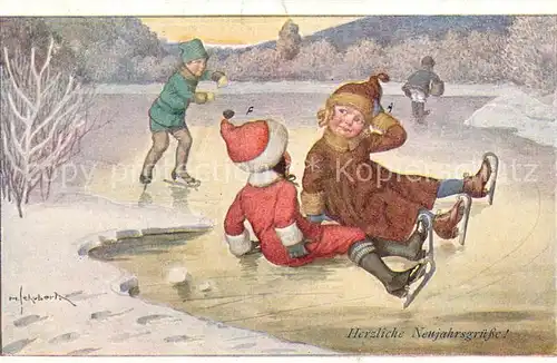 AK / Ansichtskarte Schlittschuhlaufen Eislaufen Kinder Kuenstlerkarte H. Schubert  Kat. Sport