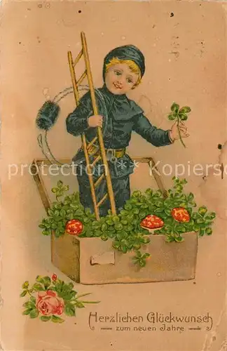 AK / Ansichtskarte Schornsteinfeger Kind Leiter Kleeblatt Pilze Rose Neujahr Litho  Kat. Handwerk