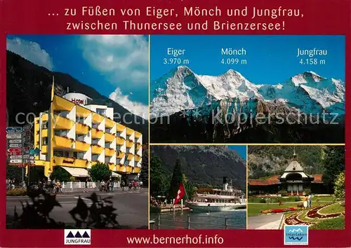 AK / Ansichtskarte Interlaken BE Hotel Bernerhof mit Eiger Moench Jungfrau Fahrgastschiff Park Kat. Interlaken