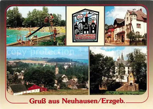 AK / Ansichtskarte Neuhausen Erzgebirge Sommerbad Schild am Ortseingang Rathaus Teilansicht Schloss Purschenstein Kat. Neuhausen Erzgebirge