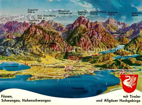 AK / Ansichtskarte Fuessen Allgaeu Panoramakarte mit Schwangau Hohenschwangau Tiroler und Allgaeuer Hochgebirge  Kat. Fuessen