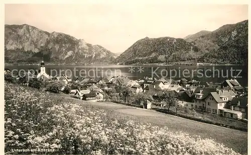 AK / Ansichtskarte Unterach Attersee Blumenwiese Panorama Blick ueber den See Alpen Kat. Unterach am Attersee