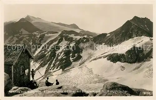 AK / Ansichtskarte Salzburg Oesterreich Aufstieg zum Sonnblick Rojacherhuette mit Schareck und Goldberggletscher Berghuetten Stempel Kat. Salzburg