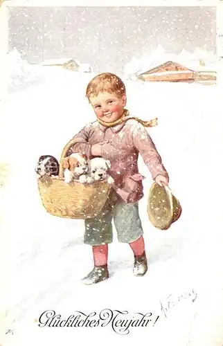 AK / Ansichtskarte Feiertag Karl Neujahr Kind Welpen  Kat. Kuenstlerkarte