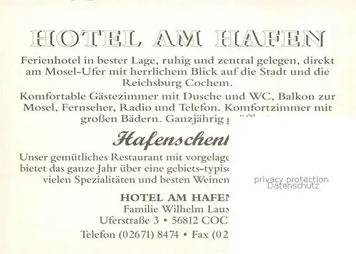 AK / Ansichtskarte Cochem Mosel Hotel am Hafen Kirche Undine Kat. Cochem