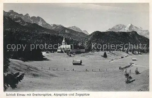AK / Ansichtskarte Elmau Landschaftspanorama mit Schloss Alpspitze Zugspitze Wettersteingebirge Kat. Kruen