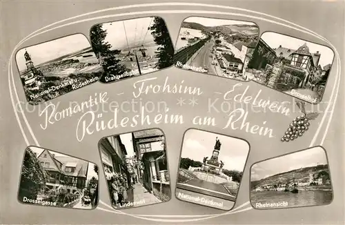 AK / Ansichtskarte Ruedesheim Rhein National Denkmal Drahtseilbahn Rheinstrasse Drosselhof Drosselgasse Lindenwirt Rheinansicht Kat. Ruedesheim am Rhein