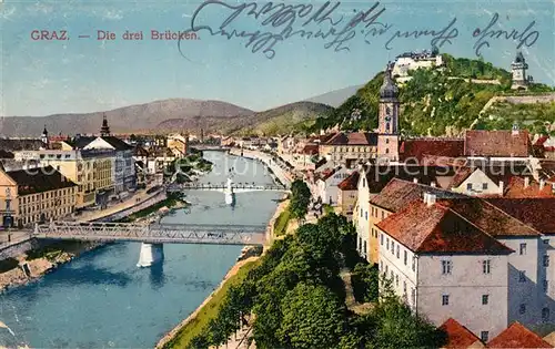 AK / Ansichtskarte Graz Steiermark Die drei Bruecken ueber die Mur Schlossberg Uhrturm Kat. Graz