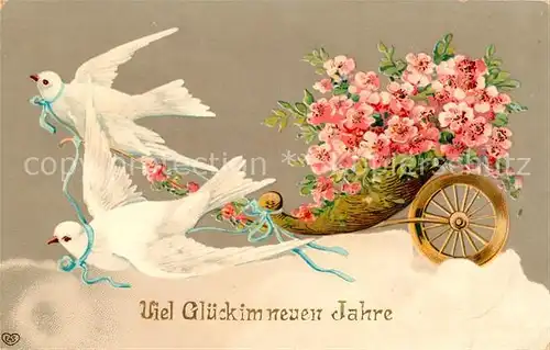 AK / Ansichtskarte Neujahr Tauben Karre Blumen Litho Kat. Greetings