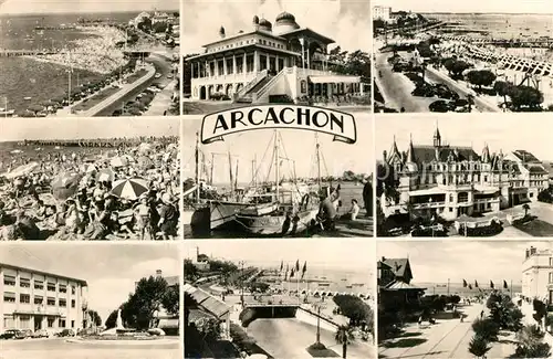 AK / Ansichtskarte Arcachon Gironde La Plage et les Jetees La Poste Le Casino Mauresque Les Sardiniers Le Passage Souterrain Place Tiers Kat. Arcachon