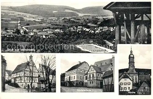 AK / Ansichtskarte Moenchberg Spessart Panorama Schwimmstadion Rathaus Fachwerkhaeuser Schule Kirche Kat. Moenchberg