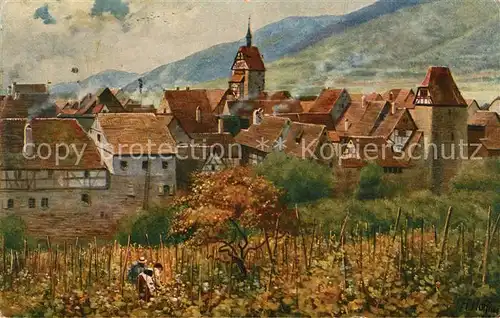 AK / Ansichtskarte Reichenweier Reichenweiher Ortsansicht mit Kirche Altes Vogesenstaedtchen Kuenstlerkarte