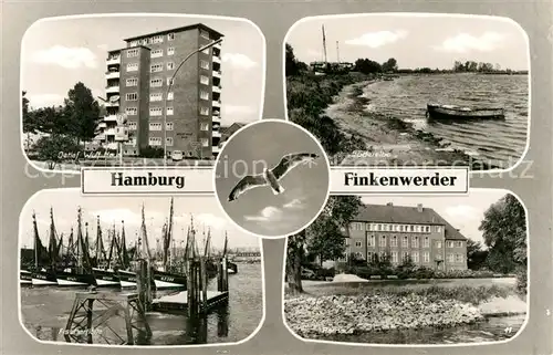 AK / Ansichtskarte Finkenwerder Detlef Wulf Haus Hochhaus Suederelbe Fischerflotte Rathaus Moewe Kat. Hamburg