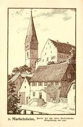 Markelsheim Partie bei der alten Klosterkirche Federzeichnung von G. Wedepohl Serie Perlen aus dem Frankenland Kuenstlerkarte Kat. Bad Mergentheim