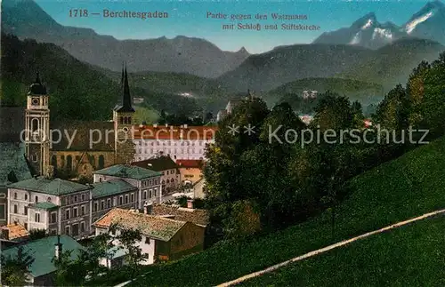 AK / Ansichtskarte Berchtesgaden Ortsmotiv mit Schloss und Stiftskirche gegen Watzmann Berchtesgadener Alpen Kat. Berchtesgaden