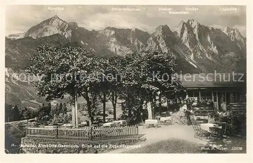 AK / Ansichtskarte Garmisch Partenkirchen Restauration Almhuette Blick auf Zugspitzgruppe Wettersteingebirge Serie Deutsche Heimatbilder Hubers Serie Deutsche Alpenwelt Kat. Garmisch Partenkirchen