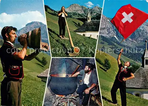 AK / Ansichtskarte Alphorn Alpleben Fahnenschwingen Betruf Sennerei Schweiz  Kat. Musik