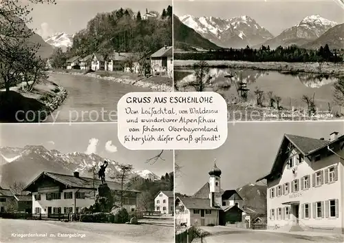 AK / Ansichtskarte Eschenlohe Sieben Quellen mit Zugspitze Wettersteingebirge Rathaus Kirche Kriegerdenkmal Estergebirge Loisach Kat. Eschenlohe