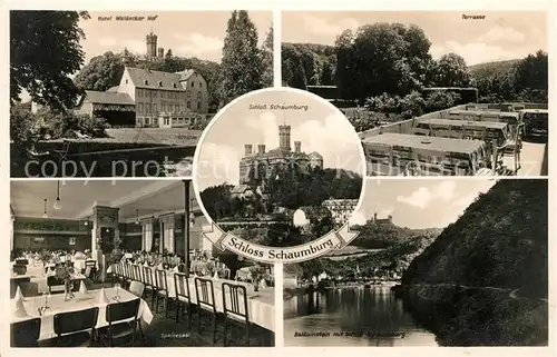 AK / Ansichtskarte Schloss Schaumburg Balduinstein Hotel Waldecker Hof Terrasse Speisesaal Partie an der Lahn Kat. Balduinstein