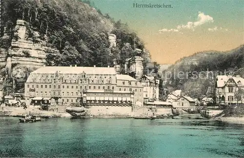 AK / Ansichtskarte Herrnskretschen Tschechien Boehmen Elbepartie mit Schloss Kat. Hrensko