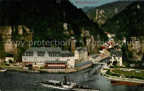 AK / Ansichtskarte Herrnskretschen Tschechien Boehmen Elbepartie mit Schloss Kat. Hrensko