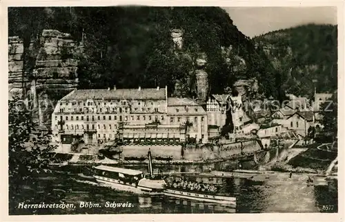 AK / Ansichtskarte Herrnskretschen Tschechien Boehmen Elbepartie mit Schloss Kat. Hrensko